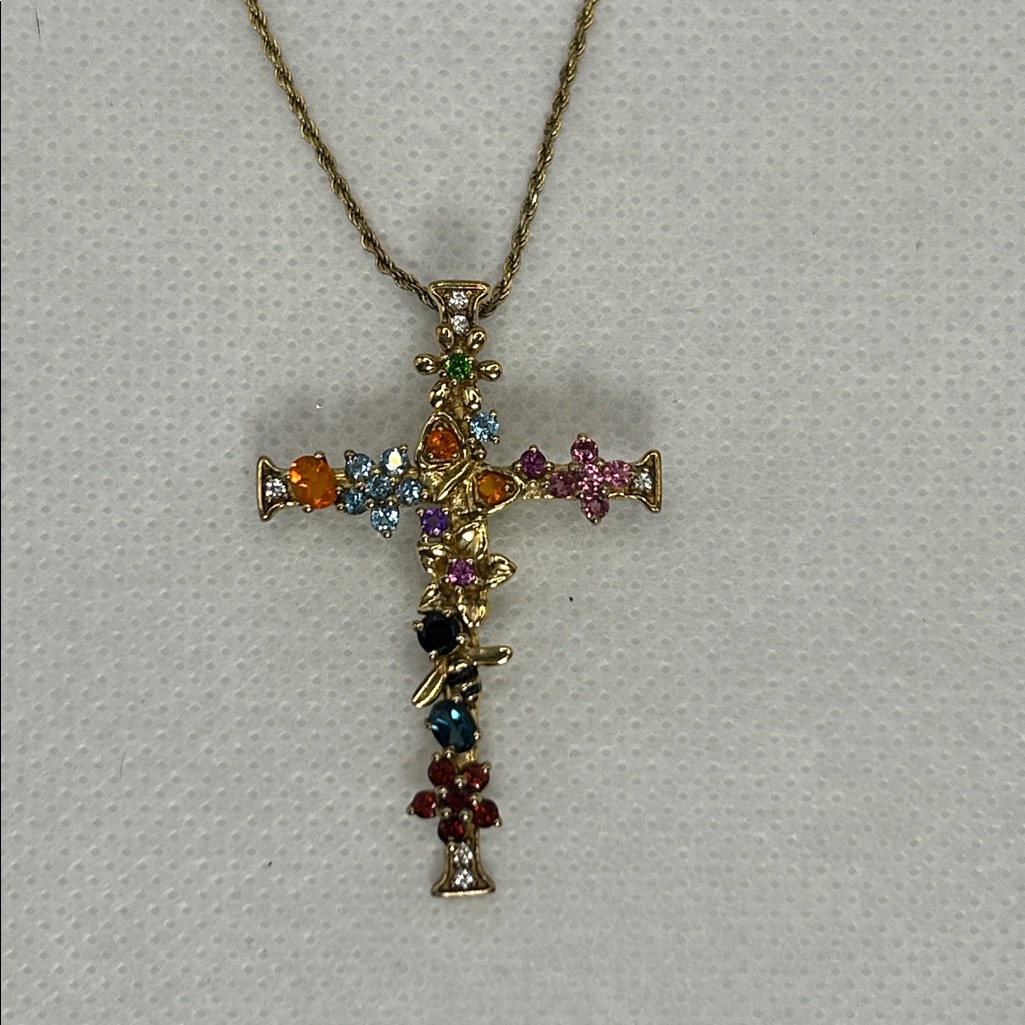 Nwot Genuine Multi Gemstone Floral Motif Nyc11 Designer Cross Necklace
